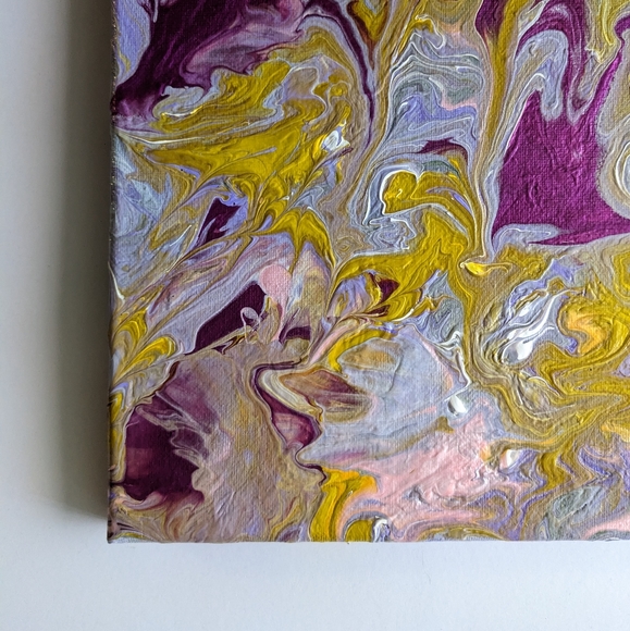 Hand Crafted Acrylic Pour Painting Yellow and Purple 10x10 - Picture 3 of 7